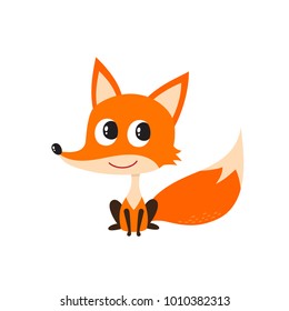 Vector illustration of cartoon funny fox isolated on white background. Cute, funny animal, sitting fox character used for magazine, book, poster, card, web pages.