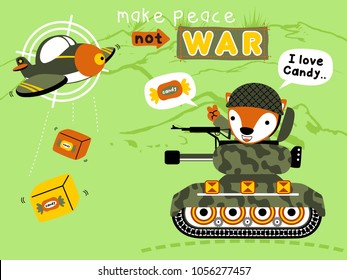 vector illustration of cartoon funny fox on armored vehicle with military plane dropping candy box