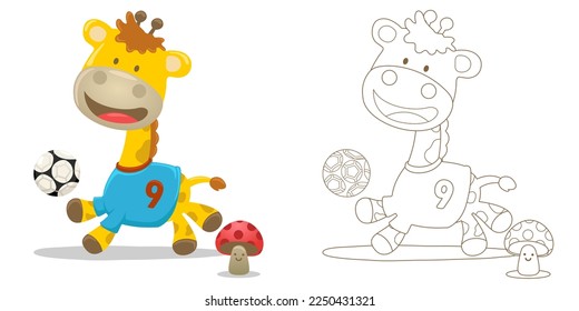 Vector illustration of cartoon funny giraffe playing soccer with mushroom. Coloring book or page