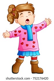 Vector illustration of Cartoon funny girl in winter clothes singing