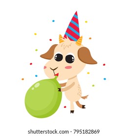 Vector illustration of cartoon funny goat isolated on white background. Standing cute, funny holiday goat, animal character with ballon and cap used for magazine, book, poster, card, web pages.