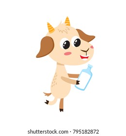 Vector illustration of cartoon funny goat isolated on white background. Standing cute, funny goat, animal character with milk used for magazine, book, poster, card, web pages.