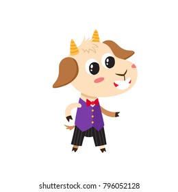Vector illustration of cartoon funny goat isolated on white background. Standing cute, funny goat, animal character in costume used for magazine, book, poster, card, web pages.