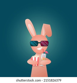 vector illustration cartoon funny hare, rabbit character wearing 3d glasses in cinema watching movie with popcorn and cocktail