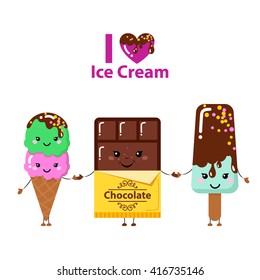 Vector illustration of a cartoon funny ice creams and chocolate with happy smiling faces for kids designs and decorations, isolated on white