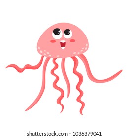 Vector illustration of cartoon funny jellyfish isolated on white background. Cute animal, sea animal character used for magazine, book, poster, card, children invitation, web pages.