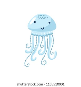 Vector illustration of cartoon funny jellyfish isolated on white background. Cute animal, sea animal character used for magazine, book, poster, card, children invitation, web pages.