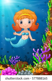 Vector illustration of Cartoon funny little mermaid under the sea