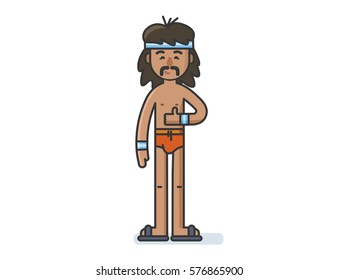 Vector illustration of cartoon funny man character with mustache showing Thumbs Up! sign, retro hippie style, old school appearance.