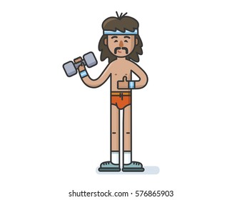 Vector illustration of cartoon funny man character with mustache showing Thumbs Up! sign, retro hippie style, old school appearance.