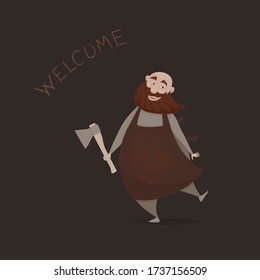 Vector illustration, a cartoon funny merry slightly mad bald butcher with a red beard and an ax in his hand on the dark background. A cartoon character.