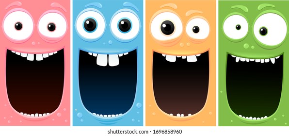 Imagen vectorial de monstruos cómicos con gran sonrisa