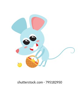 Vector illustration of cartoon funny mouse isolated on white background. Cute, funny animal, mouse character and basket with apples used for magazine, book, poster, card, web pages.