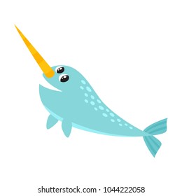 Vector illustration of cartoon funny narwhal isolated on white background. Cute animal, sea animal character used for magazine, book, poster, card, children invitation, web pages.