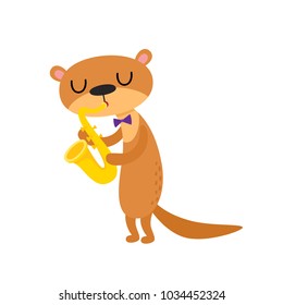 Vector illustration of cartoon funny otter isolated on white background. Cute, funny animal, animal character playing on saxophone used for book, poster, card, children invitation, web pages.
