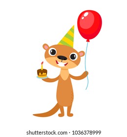 Vector illustration of cartoon funny otter isolated on white background. Cute, funny animal, animal character with balloon and cake used for book, poster, card, children invitation, web pages.