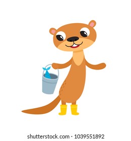 Vector illustration of cartoon funny otter isolated on white background. Cute, funny animal, animal character with fish used for magazine, book, poster, card, children invitation, web pages.