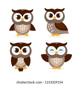 Vector illustration of cartoon funny owls set on white background. Happy and joyful birds set in flat style.