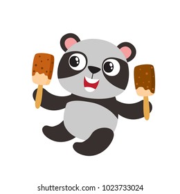 Vector illustration of cartoon funny panda isolated on white background. Cute, funny animal, bear character with ice cream used for magazine, book, poster, card, web pages.