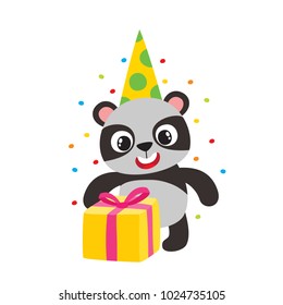 Vector illustration of cartoon funny panda isolated on white background. Cute, funny animal, bear character with gift for birthday used for magazine, book, poster, card, web pages.
