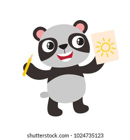 Vector illustration of cartoon funny panda isolated on white background. Cute, funny animal, bear with pencil character used for magazine, book, poster, card, web pages.