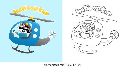 Vector illustration of cartoon funny raccoon in pilot cap on helicopter. Coloring book or page