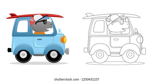 Vector illustration of cartoon funny rhino driving car carrying surfboard. Coloring book or page