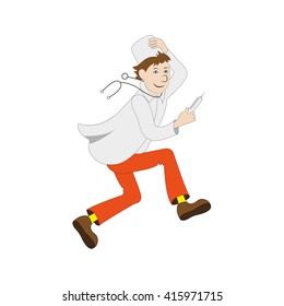 Vector illustration of cartoon funny running doctor with a medical syringe. The doctor in a white coat and cap. Isolated white background. The medical profession.