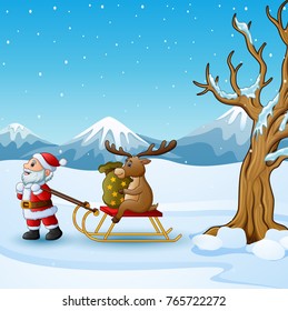 Vector illustration of Cartoon funny santa claus pulling reindeer on a sleigh with sack of gifts