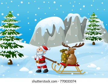 Vector illustration of Cartoon funny santa claus pulling reindeer on a sleigh with sack of gifts