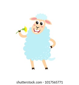 Vector illustration of cartoon funny sheep isolated on white background. Cute, funny animal, lamb character doing various actions used for magazine, book, poster, card, web pages.