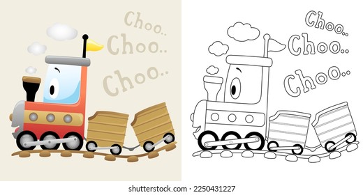 Vector illustration of cartoon funny steam train. Coloring book or page for kids