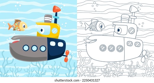 Ilustración vectorial del submarino divertido de dibujos animados con peces submarinos. Libro o página de coloración para niños 