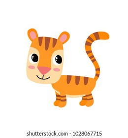 Vector illustration of cartoon funny tiger isolated on white background. Cute, funny animal, cats character used for magazine, book, poster, card, web pages.