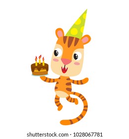 Vector illustration of cartoon funny tiger isolated on white background. Cute, funny animal, cats character with birthdays cake used for magazine, book, poster, card, web pages.
