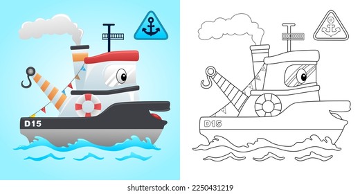 Vector illustration of cartoon funny tugboat. Coloring book or page for kids