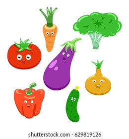 Vector illustration of cartoon funny vegetables. Cucumber, tomato, broccoli, eggplant, pepper, carrot, onion