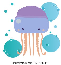 Vector illustration of cartoon funny violet jellyfish isolated on white background with  blue bubbles. Cute animal, sea animal character used for magazine, book, poster, card, children invitation.