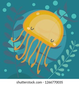 Vector illustration of cartoon funny yellow jellyfish isolated on blue background. Sea animal character used for magazine, book, poster, card, children invitation. Sea plants and aquatic marine algae