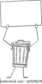 Vector illustration of cartoon garbage bin or can character holding empty sign in hand. Recycling or environmental advertisement or marketing design.