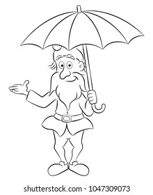 vector illustration of a cartoon garden gnome standing under an open umbrella
