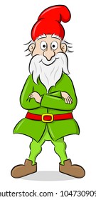 vector illustration of a cartoon garden gnome stands with his arms crossed and smiles