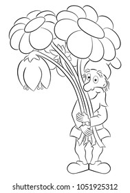 vector illustration of a cartoon garden gnome with a bouquet of flowers