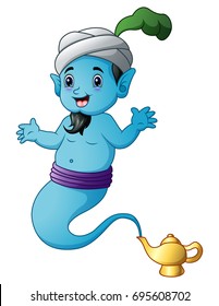 Vector illustration of Cartoon genie coming out of a gold magic lamp