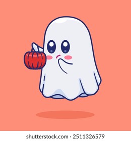 Vector Illustration of Cartoon Ghost Carrying Bucket of Pumpkin Candy.