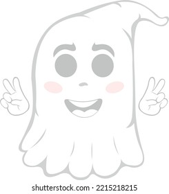 Vector illustration of a cartoon ghost doing the classic love and peace or v victory gesture with his hands
