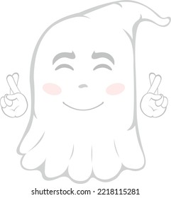 Ilustración vectorial de un fantasma de caricatura con una expresión feliz y cruzando los dedos de las manos