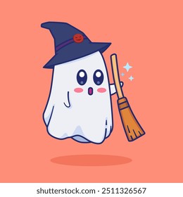 Vector Illustration of Cartoon Ghost Imitating Witch Style.