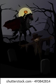 Vector Illustration and Cartoon : Ghost Knight Headless Horseman in legend and Pumpkin Scarecrow On dark background Halloween.