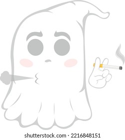 Vector illustration of a cartoon ghost smoking with a cigarette in his hand